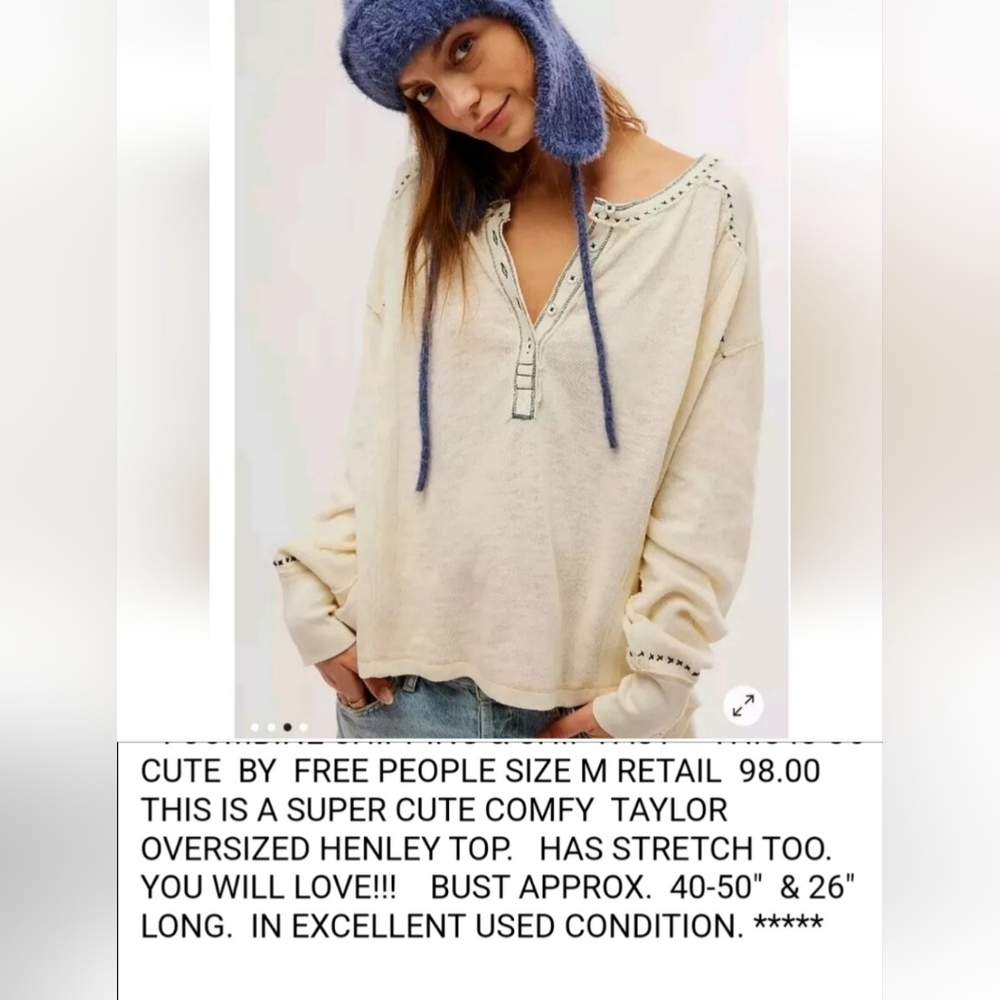 Free People Cream and Blue Oversized Raglan Blouse